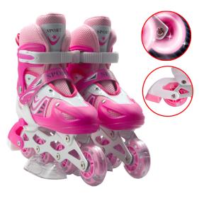 أحذية رولر للأطفال بلون وردي مع عجلات مضيئة RGB، مقاسات 35-38 و38-42، مريحة وممتعة.